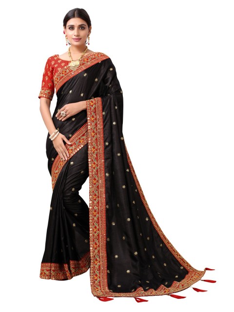 

Satrani Black & Gold-Toned Woven Design Zari Heavy Work Saree
