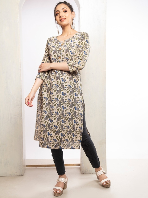 

Unnati Silks Women Cream-Coloured Striped Thread Work Block Print Handloom Pathani Kurta