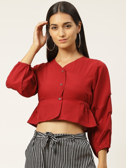 

IQRAAR Maroon Cinched Waist Crop Top