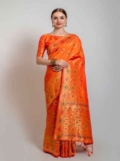 

Lilots Orange & Golden Ethnic Motifs Zari Heavy Work Banarasi Saree