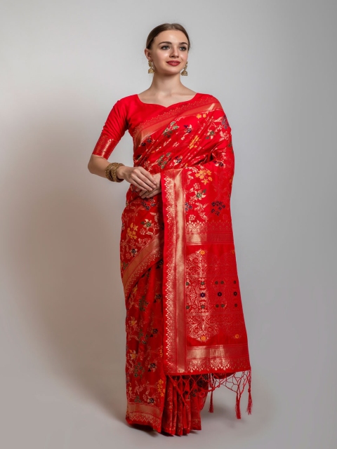 

Lilots Red & Gold-Toned Ethnic Motifs Zari Banarasi Saree