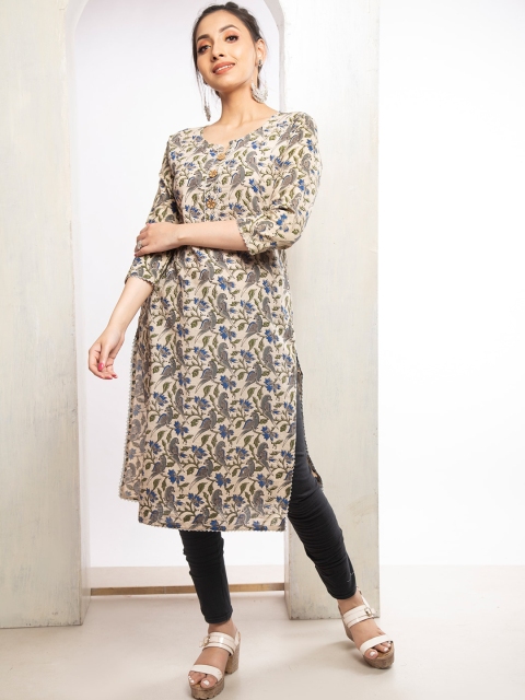 

Unnati Silks Women Cream-Coloured Striped Thread Work Block Print Handloom Pathani Kurta