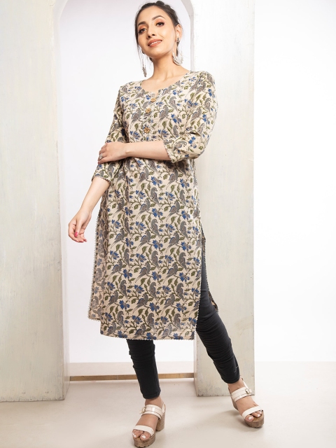 

Unnati Silks Women Cream-Coloured Striped Thread Work Block Print Handloom Pathani Kurta