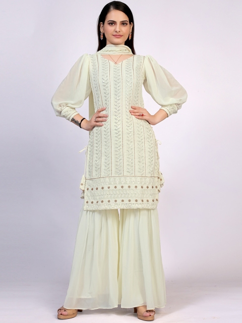 

PRENEA Women White Embroidered Kurti with Sharara