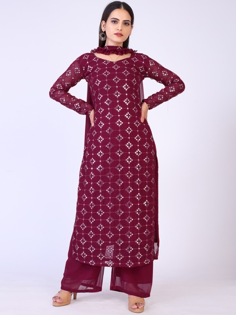 

PRENEA Women Maroon Floral Embroidered Pleated Kurti with Palazzos