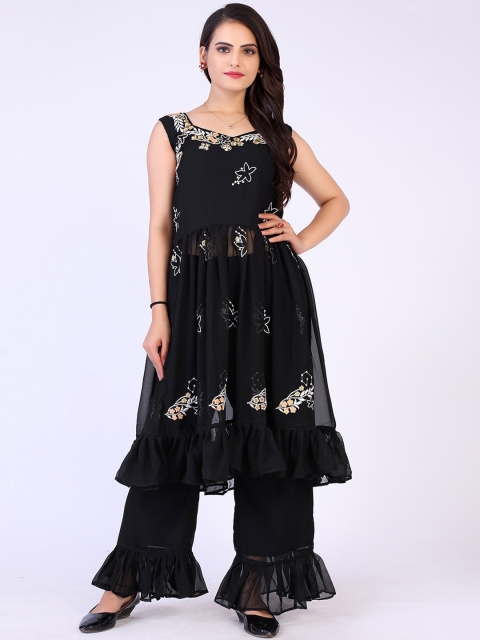 

PRENEA Women Black Embroidered Pleated Kurti with Sharara