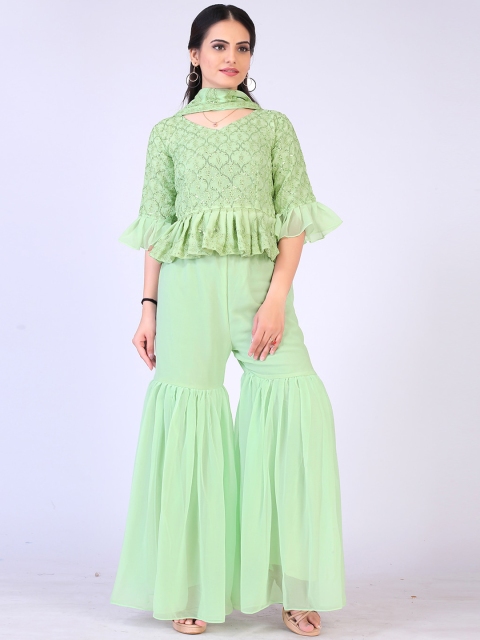 

PRENEA Women Lime Green Embroidered Pleated Kurti with Sharara