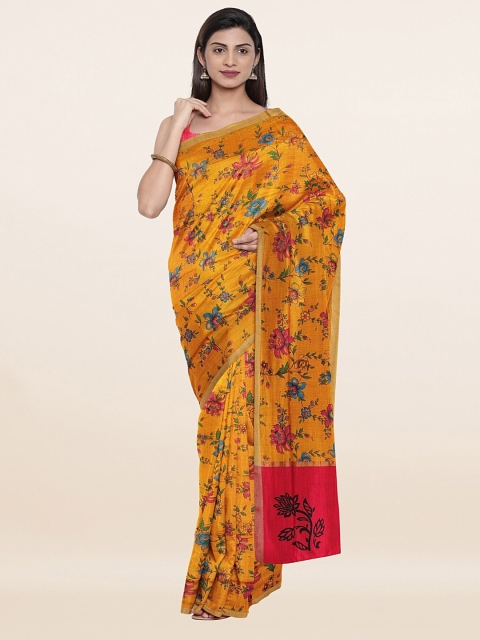 

Pothys Mustard Yellow & Blue Floral Print Pure Cotton Saree