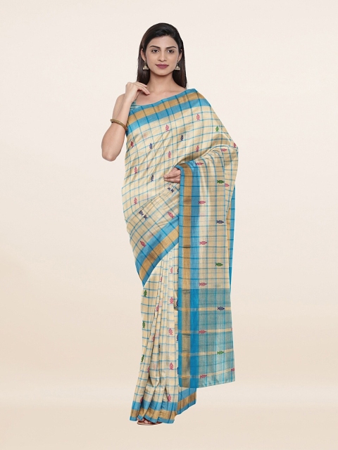 

Pothys Cream-Coloured & Blue Checked Pure Cotton Saree