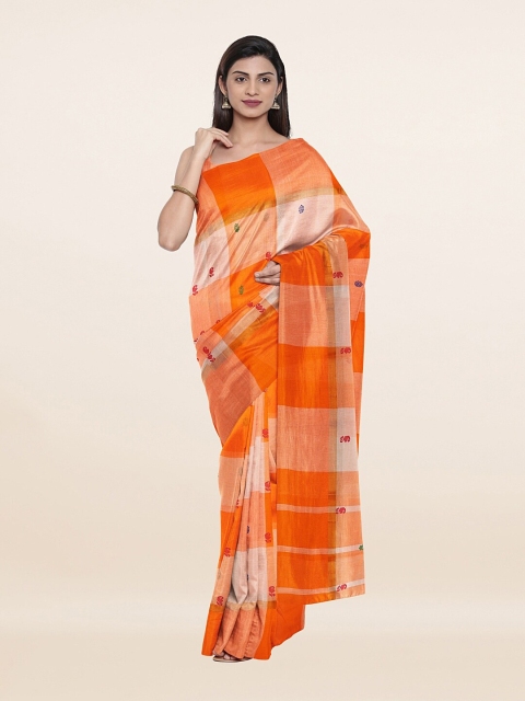 

Pothys Orange & Cream-Coloured Checked Pure Cotton Saree