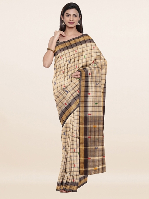 

Pothys Cream-Coloured & Yellow Checked Pure Cotton Saree