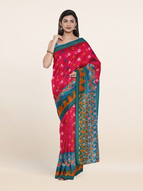 

Pothys Fuchsia & Teal Green Ethnic Motifs Printed Saree