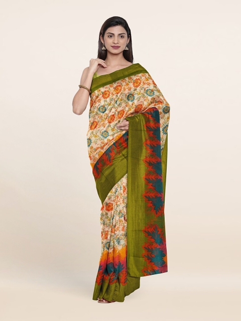 

Pothys Off White & Olive Green Floral Saree