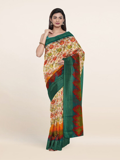 

Pothys Off White & Green Floral Saree