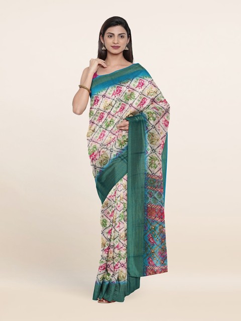 

Pothys Off White & Green Floral Saree