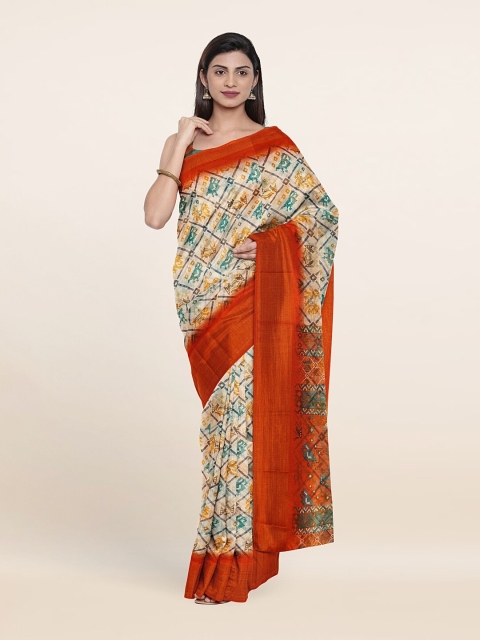 

Pothys Off White & Orange Ethnic Motifs Printed Saree