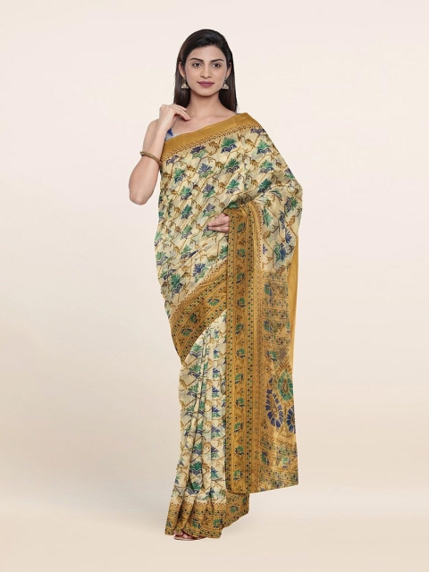 

Pothys Cream-Coloured & Mustard Floral Cotton Blend Saree