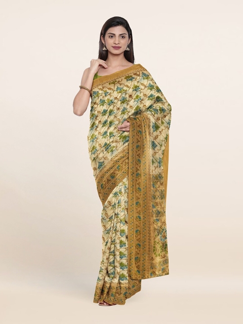 

Pothys Cream-Coloured & Blue Floral Saree