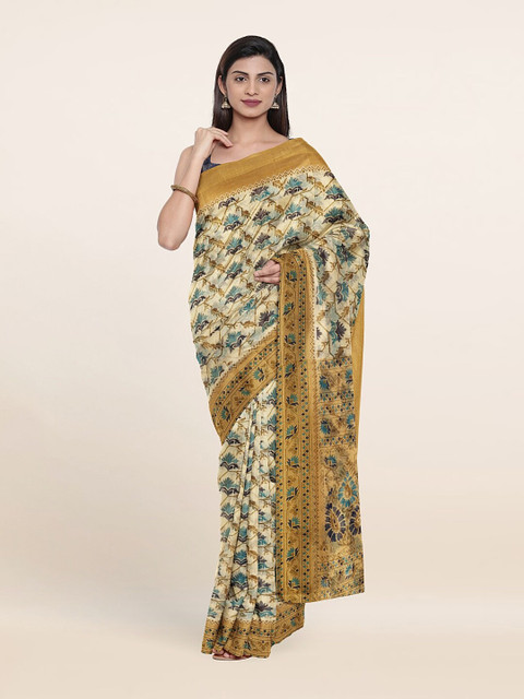 

Pothys Cream-Coloured & Blue Floral Printed Cotton Blend Saree