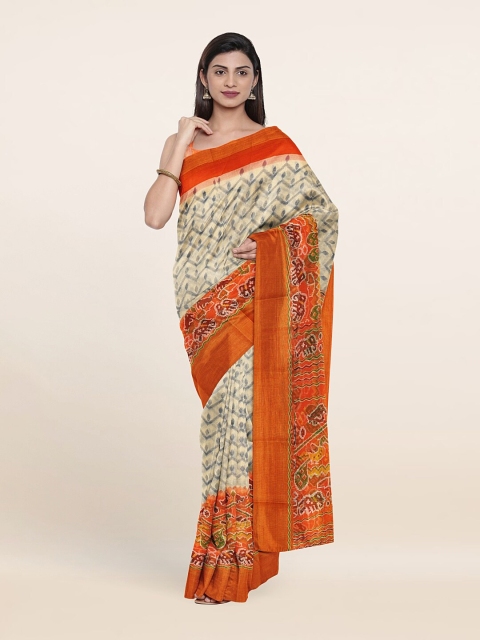 

Pothys Cream-Coloured & Orange Ethnic Motifs Zari Saree