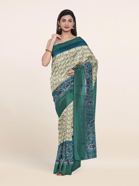 

Pothys Cream-Coloured & Green Ethnic Motifs Printed Saree