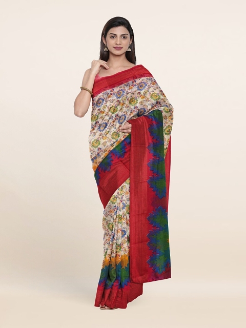 

Pothys Off White & Green Floral Printed Cotton Blend Zari Saree