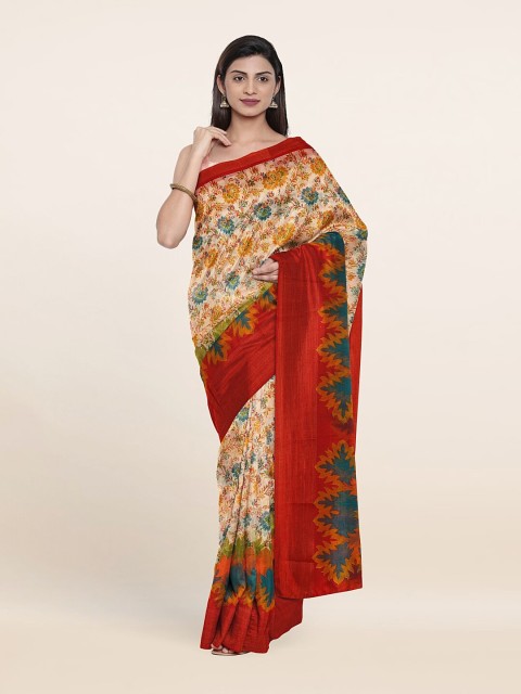 

Pothys Off White & Blue Floral Printed Cotton Blend Zari Saree
