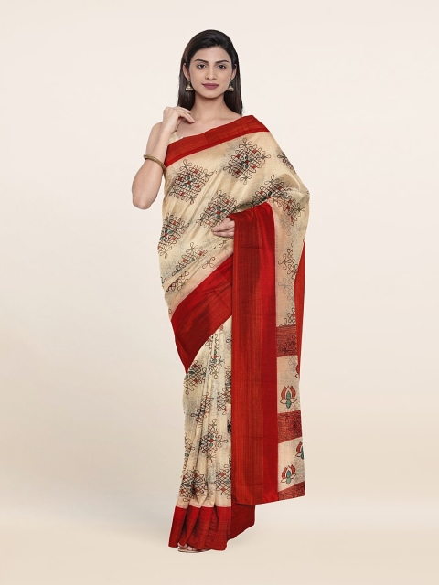 

Pothys Cream-Coloured & Brown Floral Saree