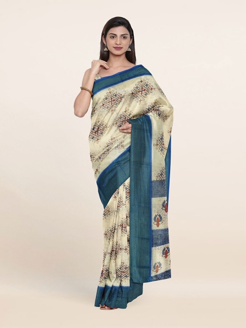

Pothys Cream-Coloured & Blue Ethnic Motifs Zari Saree