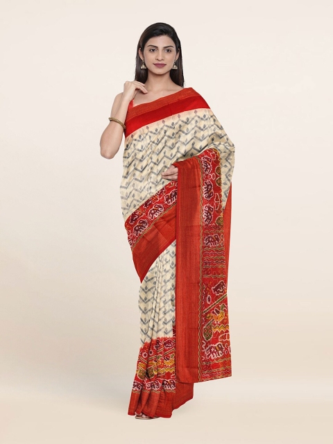 

Pothys Cream-Coloured & Red Floral & Chevron Print Saree