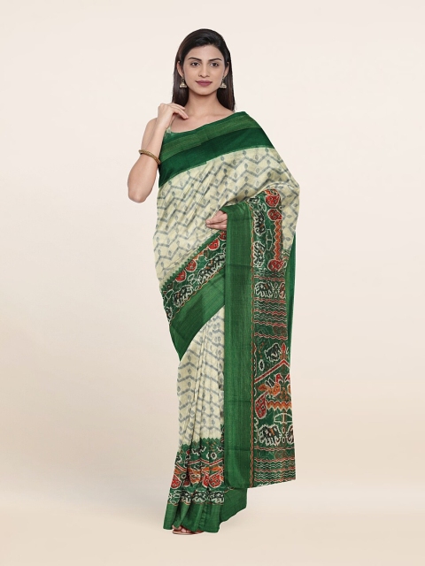 

Pothys Cream-Coloured & Green Printed Saree