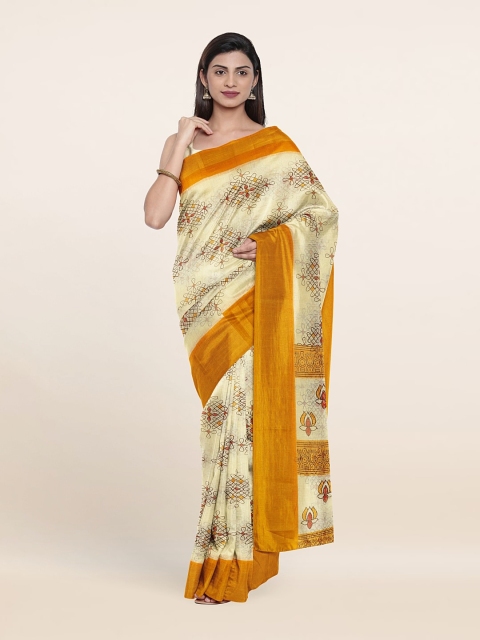 

Pothys Cream-Coloured & Yellow Saree