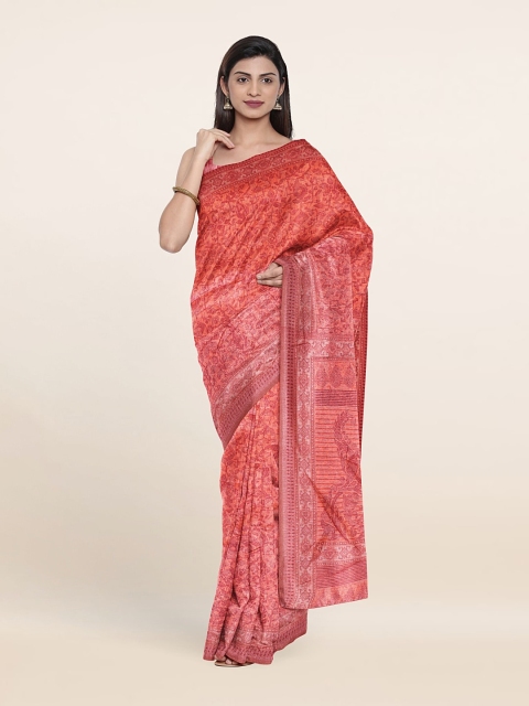 

Pothys Peach-Coloured & White Geometric Printed Cotton Blend Saree