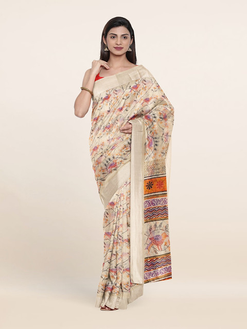 

Pothys Cream-Coloured & Orange Floral Printed Cotton Blend Zari Saree