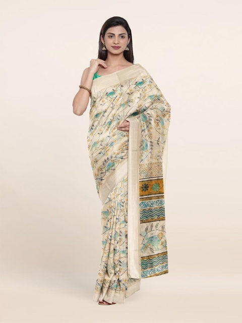 

Pothys Cream-Coloured & Green Floral Printed Cotton Blend Saree