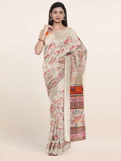 

Pothys Cream-Coloured & Orange Ethnic Motifs Saree