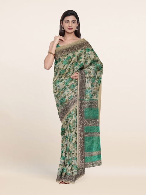

Pothys Cream-Coloured & Green Floral Cotton Blend Saree