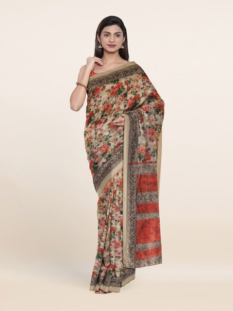 

Pothys Cream-Coloured & Orange Floral Saree