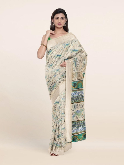 

Pothys Cream-Coloured & Green Floral Printed Saree