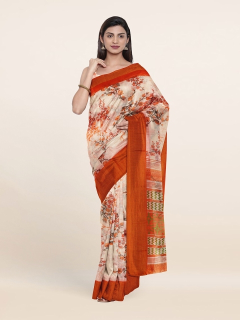 

Pothys Off White & Orange Floral Printed Cotton Blend Saree