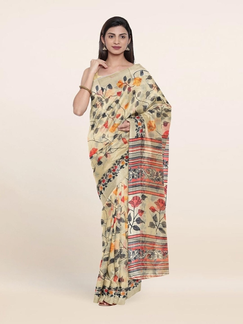 

Pothys Cream-Coloured & Green Floral Printed Saree