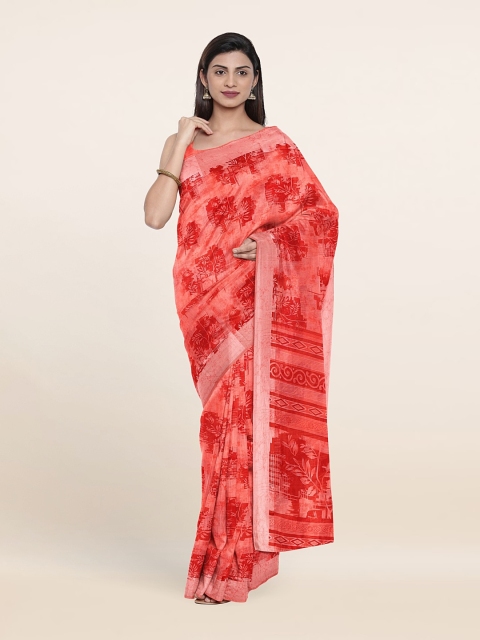 

Pothys Peach-Coloured & Red Floral Saree