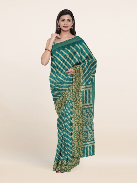 

Pothys Green & Cream-Coloured Striped Cotton Blend Saree
