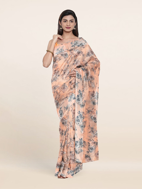 

Pothys Peach-Coloured & Blue Floral Saree