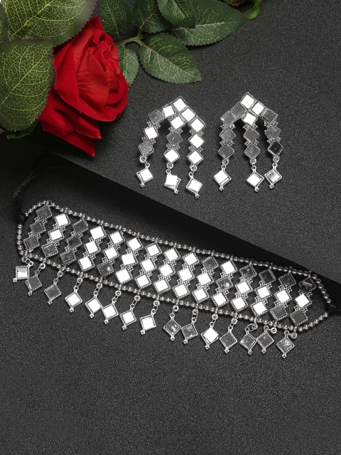 

Celena Cole Silver-Toned & Beaded Mirror Work Jewellery Set
