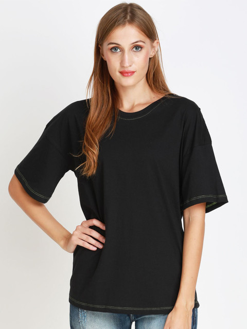 

angloindu Women Black Drop-Shoulder Sleeves T-shirt