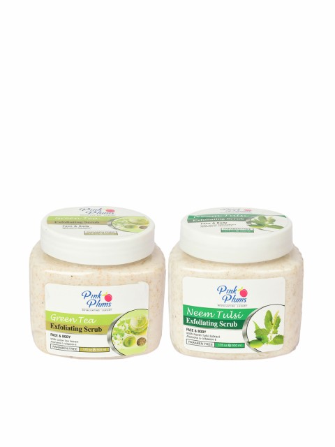 

Pink Plums Set of Paraben Free Face & Body Green Tea Scrub & Neem Tulsi Scrub- 500 ml Each, Off white