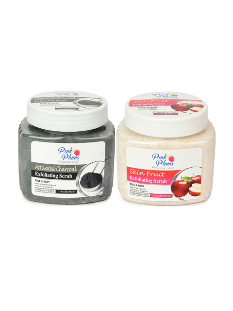 

Pink Plums Combo of Face & Body Activated Charcoal Scrub & Skin Fruit Scrub - 500 ml Each, Black