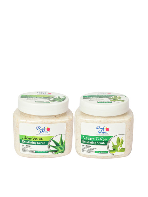 

Pink Plums Set of Aloe Vera & Neem Tulsi Exfoliating Face & Body Scrubs - 500 ml Each, Cream
