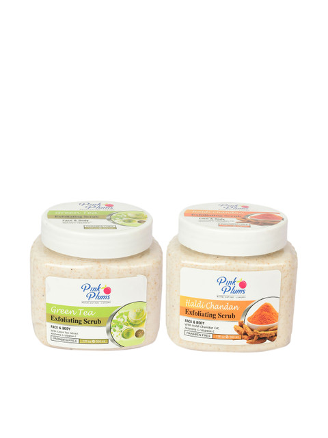 

Pink Plums Set of Green Tea & Haldi Chandan Exfoliating Face & Body Scrubs - 500 ml Each, Cream